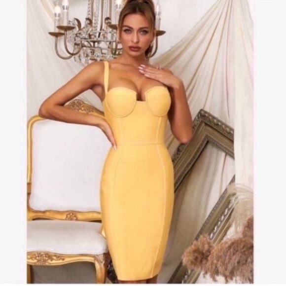 New Elegant Yellow Bodycon Bandage Dress - Picture 1 of 10